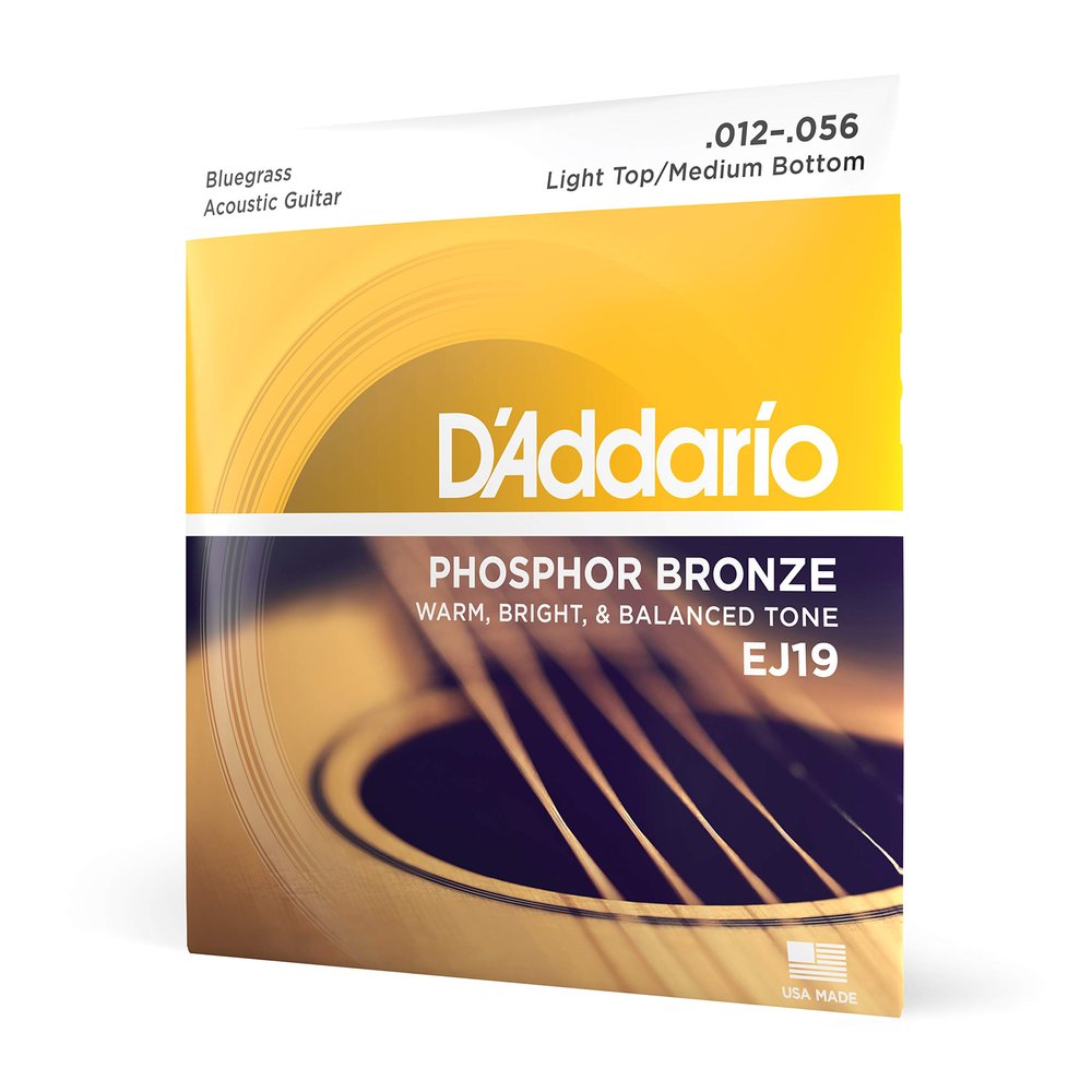 D'Addario Acoustic Guitar Strings, Phosphor Bronze, EJ19, Light Top/Medium Bottom Gauge Bluegrass 12-56, 6-String Set, Pack of 1