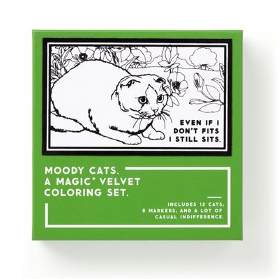Brass Monkey Moody Cats - Velvet Coloring Set with 12 Humorous Cat Illustrations and 8 Quality Brush Tip Markers