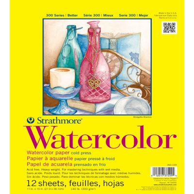 Strathmore 300 Series Tape Bound Watercolor Pad, 140 lb. Cold Press, 11 X 15 inches, White, 12 Sheets (360-111)