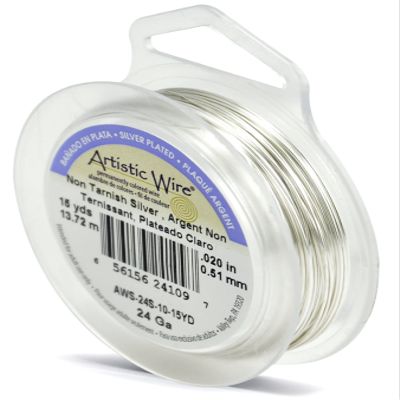 Artistic Wire, 24 Gauge Silver Plated Tarnish Resistant Colored Copper Craft Wire, Tarnish Resistant Silver, 15 yd