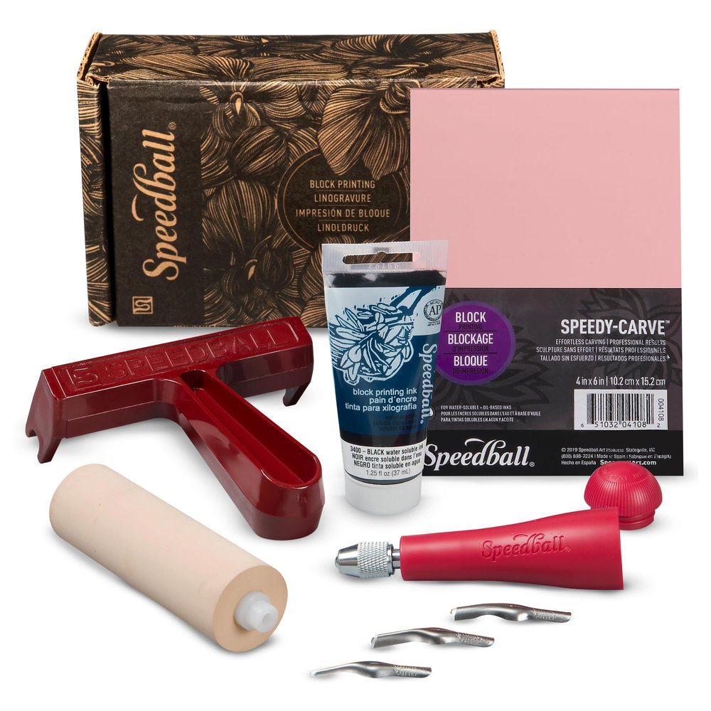Speedball 3471 Super Value Block Printing Starter Kit Includes Ink, Brayer, Lino Handle and Cutters, Speedy-Carve