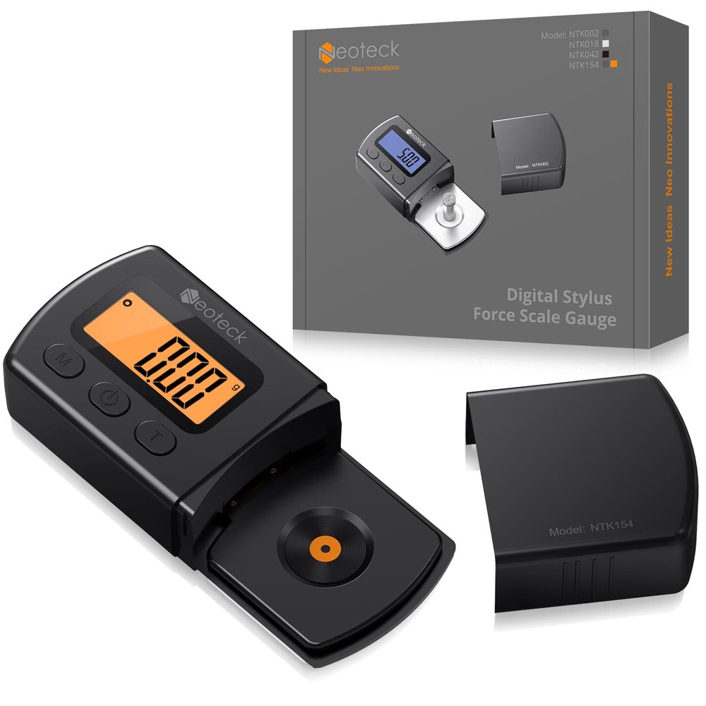 Neoteck Digital Turntable Stylus Force Gauge 0.01g/5.00g with Orange LCD Backlight Turntable Stylus Pressure Gauge with 5g Weight &Leather Case Accurate Tracking for Phono Cartridge -Jet Black