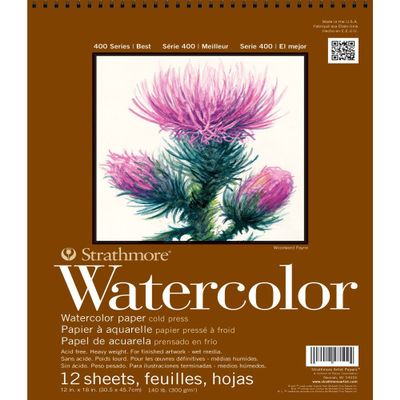 Strathmore 400 Series Wire Bound Watercolor Pad, 140 lb. Cold Press, 12 X 18 inches, White, 12 Sheets (440-3)