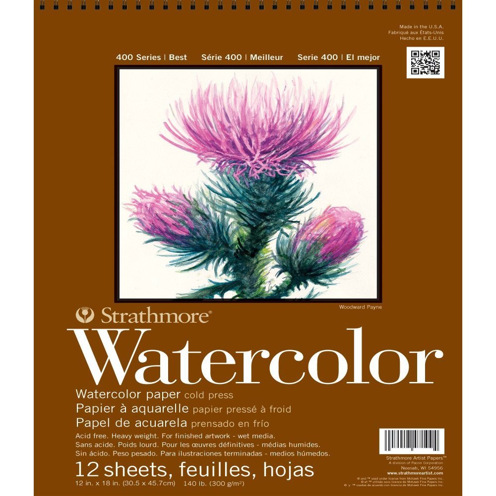 Strathmore 400 Series Wire Bound Watercolor Pad, 140 lb. Cold Press, 12 X 18 inches, White, 12 Sheets (440-3)