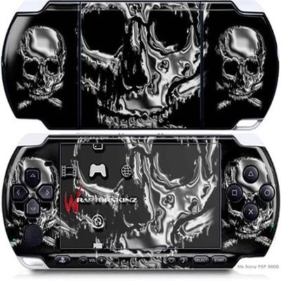 Sony PSP 3000 Decal Style Skin - Chrome Skulls on Fire (OEM Packaging)