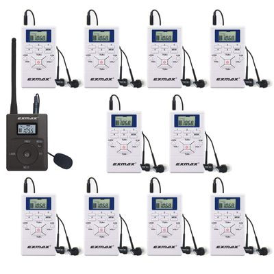 EXMAX E108 DSP Stereo Wireless Headsets FM Radio Broadcast System for Tour Guide Teaching Meeting Training Travel Field Interpretation 1 Transmitter & 10 Receivers (White)