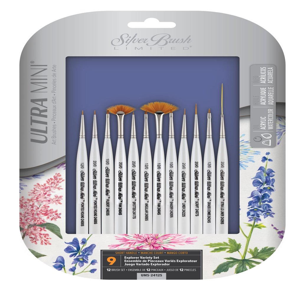 Silver Brush Limited Ultra Mini Miniature Detail Brush Set, Acrylic and Watercolor Brushes, Short-Handle Art Brushes, 12-Piece Set