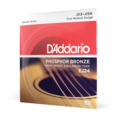D'Addario Acoustic Guitar Strings, Phosphor Bronze, EJ24, True Medium Gauge 13-56, 6-String Set, Pack of 1
