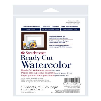Strathmore 500 Series Ready Cut Watercolor Sheets, 140 lb. Cold Press, 5 X 7 inches, White, 25 Sheets (140-205)