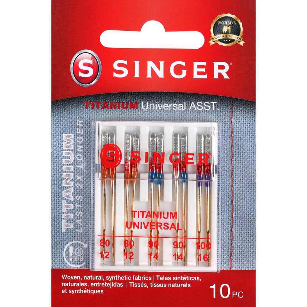 SINGER 04808 Titanium Universal Regular Point Machine Needles Woven Fabric, Sizes 80/11, 90/14, 100/16, 10-Count