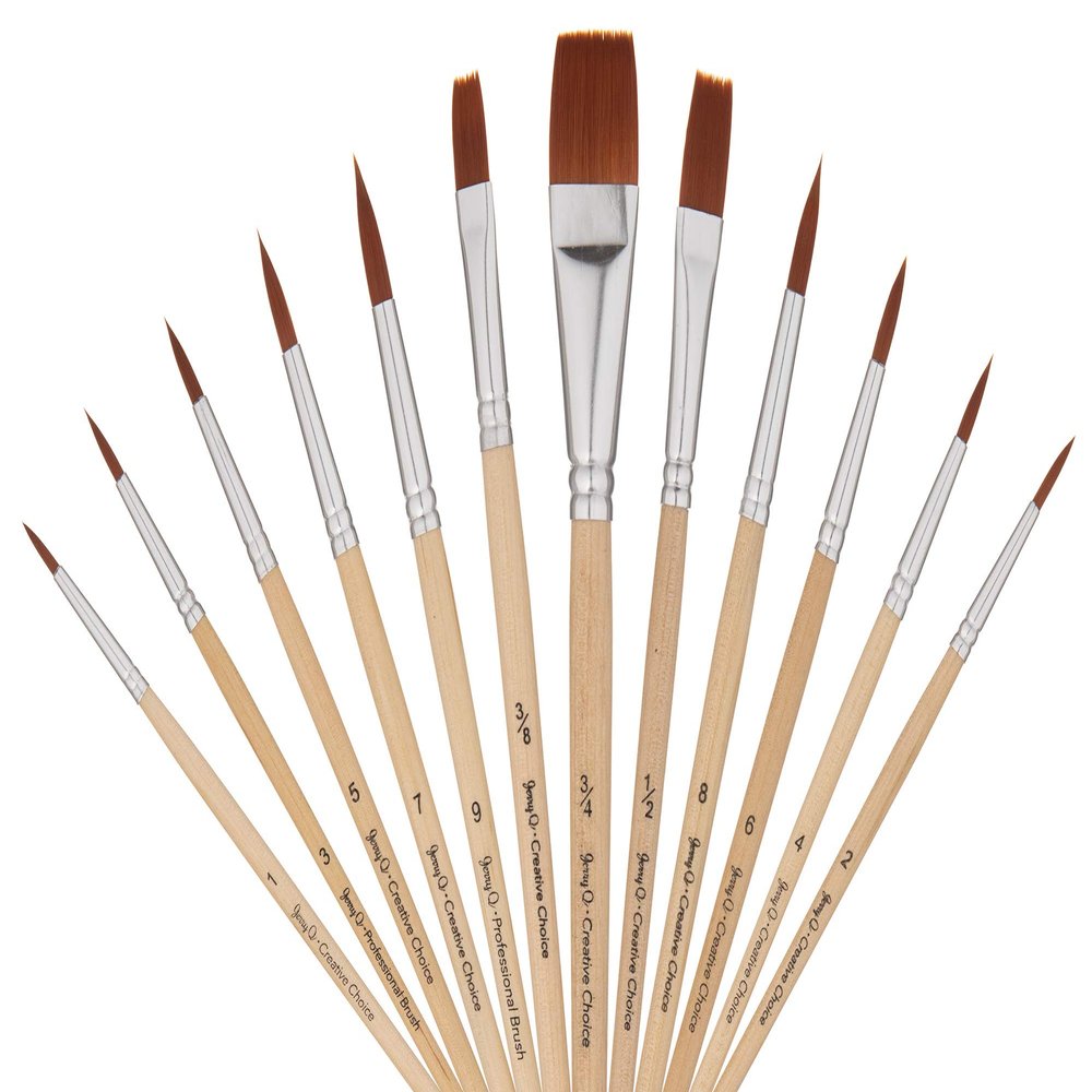 Jerry Q Art 12 PC Brown Synthetic Hair Round and Flat Paint Brush Set with Short Wood Handles for Acrylic, Watercolor and All Media JQ59831
