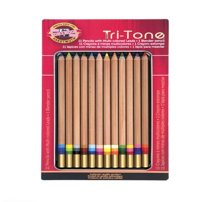 Koh-I-Noor Tri-Tone Multi-Colored Pencil Set, 12 Assorted Colors in Tin and Blister-Carded (FA33TIN12BC)