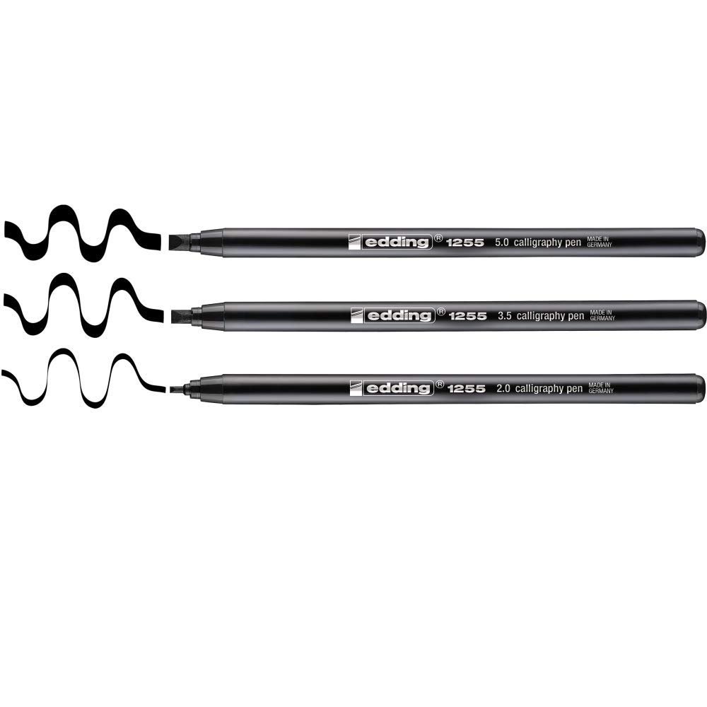 edding 1255 Calligraphy Pen - Black - 3 pens - Calligraphy Nib 2-5 mm - Fibre pens for Paper, Wood, Terracotta, Canvas - Hand Lettering, Bullet journals, Thank You Cards, Calligraphy Books