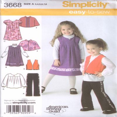 Simplicity Pattern 3668 Childs Pants, Capelet, Vest, Dress or Jumper and Tunic Sewing Pattern