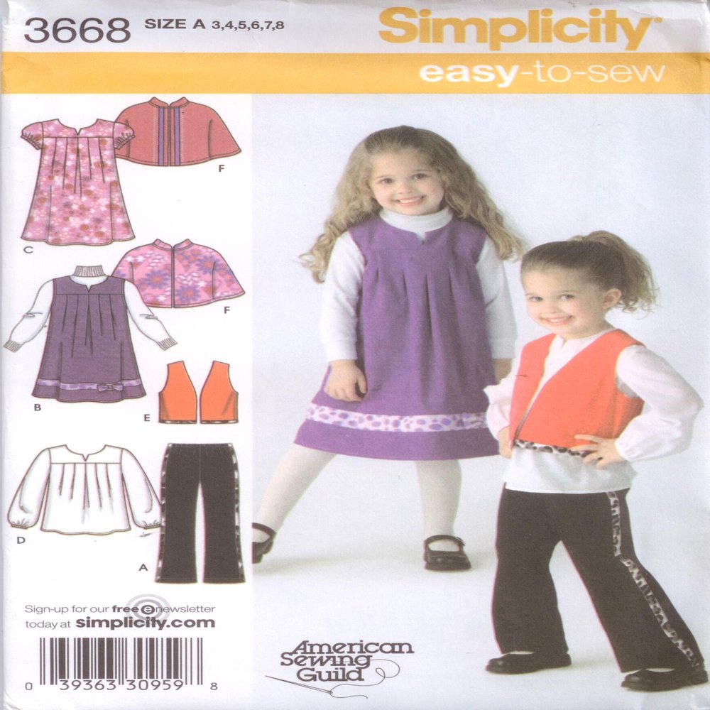 Simplicity Pattern 3668 Childs Pants, Capelet, Vest, Dress or Jumper and Tunic Sewing Pattern