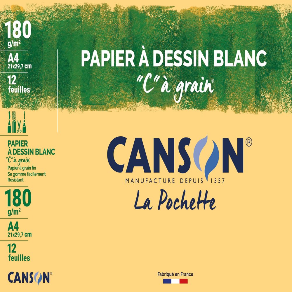 CANSON "C" Grain Pack of 12 Sheets of A4 White Drawing Paper 180 g/m