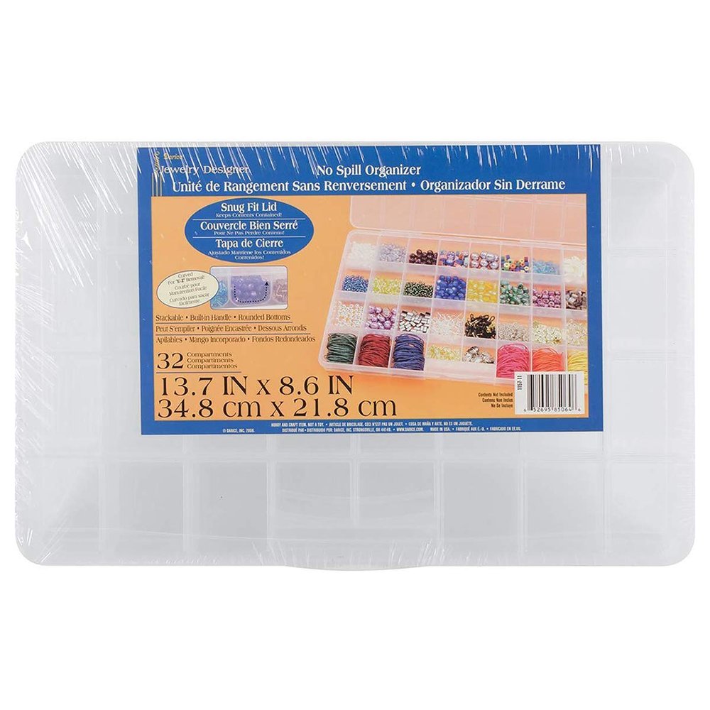Darice No-Spill Plastic Bead Organizer Craft Supply Storage Box with 32 Compartments, Stackable Design with Lid, 13.7 x 8.6 x 1.37