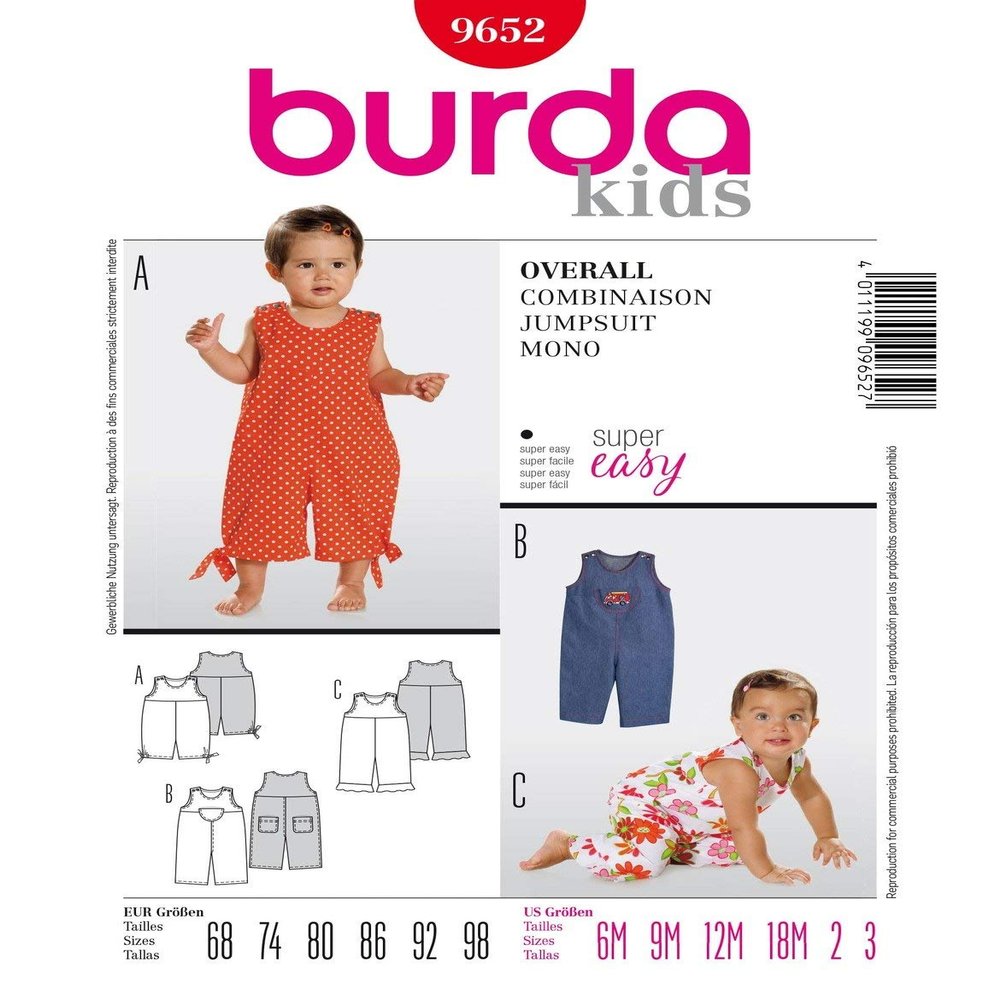Burda Easy Sewing Pattern 9652 Infants, Toddlers Jumpsuit Overall Sizes 6 mo. to 3 yrs.