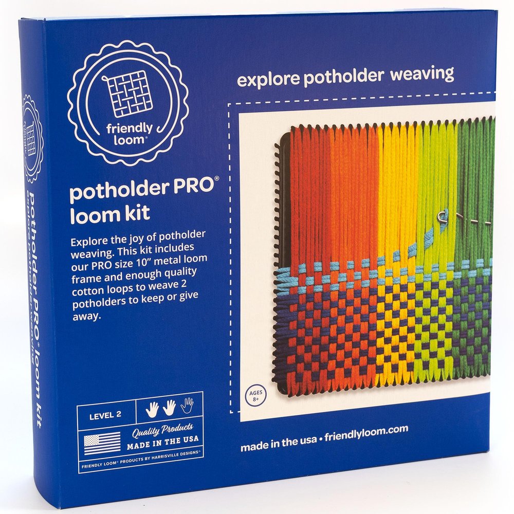 Harrisville Designs Friendly Loom Potholder Pro Weaving Kit | 10x10 Sturdy Metal Loom and Quality Cotton Weaving Loops | Complete Kit to Weave 2 Large, Durable Potholders | Made in the USA