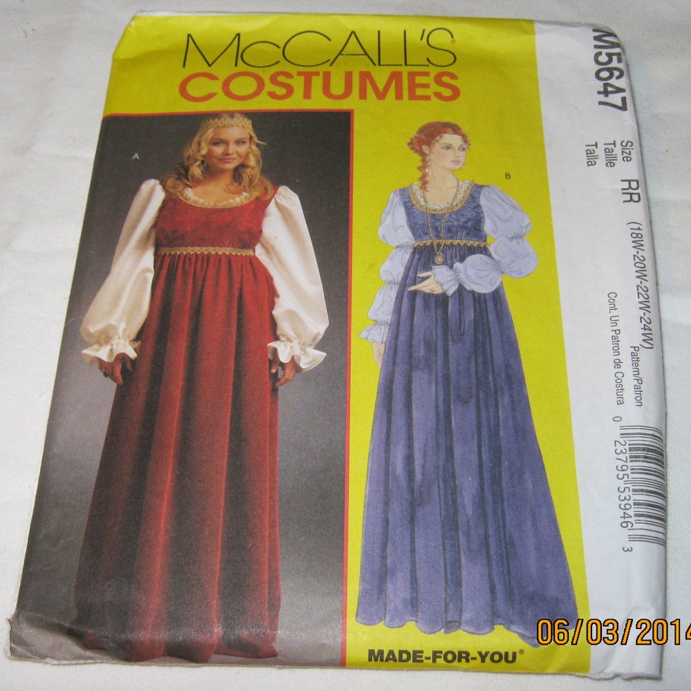McCall's Costumes: Pattern M5647 for Renaissance Costumes, Size RR (18W-20W-22W-24W)