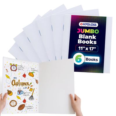 Hygloss Blank Books - Bulk 6 Pack 11" x 17" Jumbo White Paperback Blank Books for Kids to Write Stories, Doodle, Arts & Crafts Plain Drawing Sketchbook, Unlined Journal, Notebook Without Lines