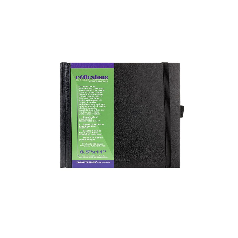 Creative Mark Hard Leather Bound Sketchbook [160 Pages - 8.5 x 11], Black Embossed Leatherette Journal, Acid-Free Paper, Perfect for Dry Media, Drawing with Elastic Pen Loop & Page Keeper Ribbon
