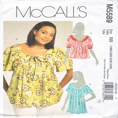 Mccall's Pattern M5589 Womens Tops Size RR 18W - 20W - 22W - 24W