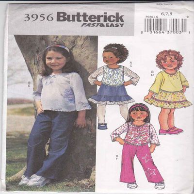 Butterick Sewing Pattern 3956 Girls' Top, Skirt & Pants, Size 6 7 8