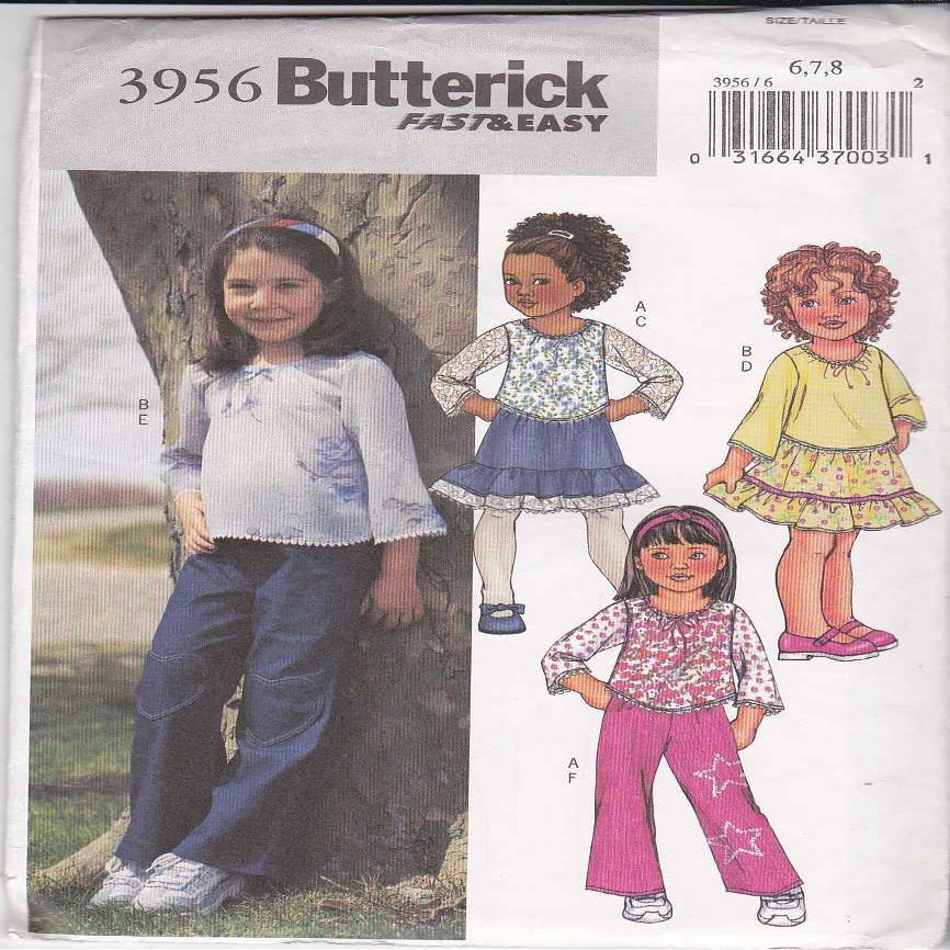 Butterick Sewing Pattern 3956 Girls' Top, Skirt & Pants, Size 6 7 8