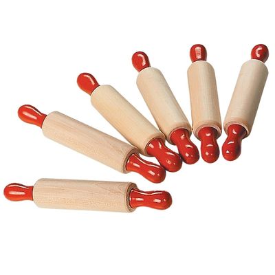 Fun Express 9" Classic Wood Dough Rollers with Red Handles for Kids - Perfect for Play Clay and Dough Activities - Small - 6 Pieces
