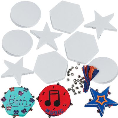 Fun Express Do It Yourself Hexagon & Star-Shaped Cardstock Tambourines for VBS, Kids Crafts & Fun Home Activities - Sizes from 4.25" to 5.5" - 12 Pieces