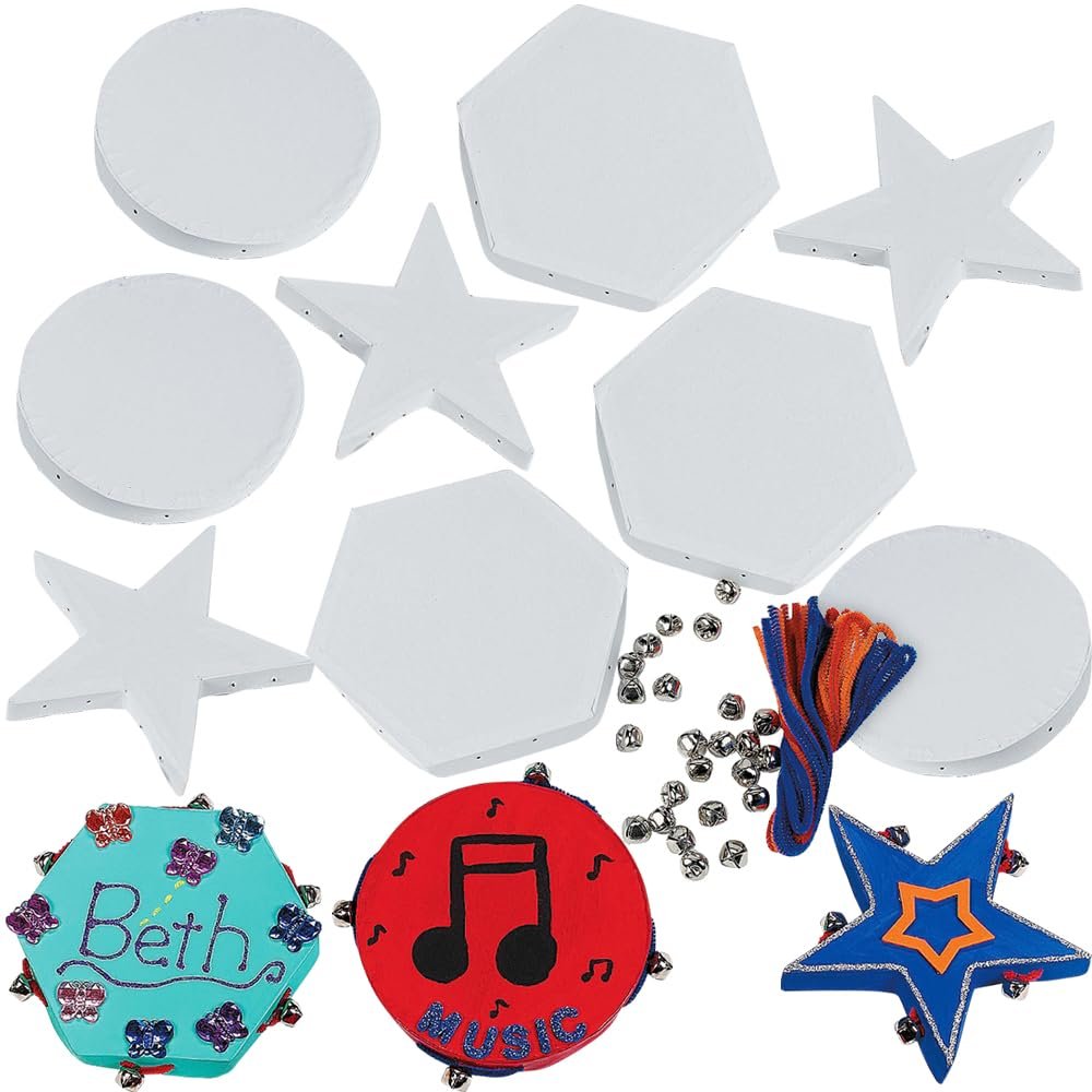 Fun Express Do It Yourself Hexagon & Star-Shaped Cardstock Tambourines for VBS, Kids Crafts & Fun Home Activities - Sizes from 4.25" to 5.5" - 12 Pieces
