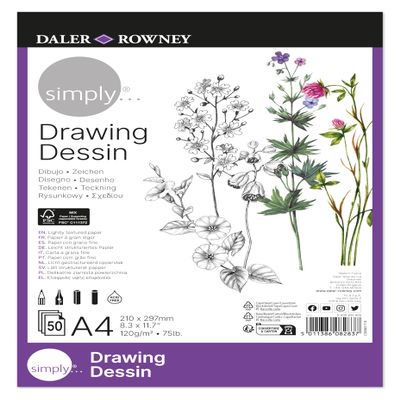 Daler-Rowney Simply Drawing & Sketching Paper Pad, A4, 120gsm, 50 Sheets, Ideal for Entry-Level Artists & Hobbyists