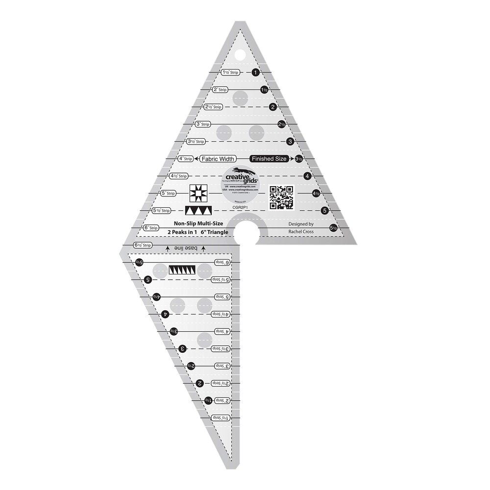 Creative Grids 2 Peaks in 1 Triangle Quilt Ruler CGR2P1 Made in USA, 7in x 13in, Non-Slip Grip Acrylic Quilting, Sewing, Crafting, Patchwork Ruler & Template