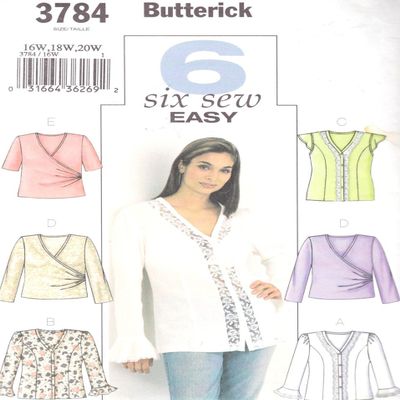 BUTTERICK 3784 WOMAN'S BLOUSE (6 STYLES) SIZE 28W, 30W, 32W ~ SEWING PATTERN