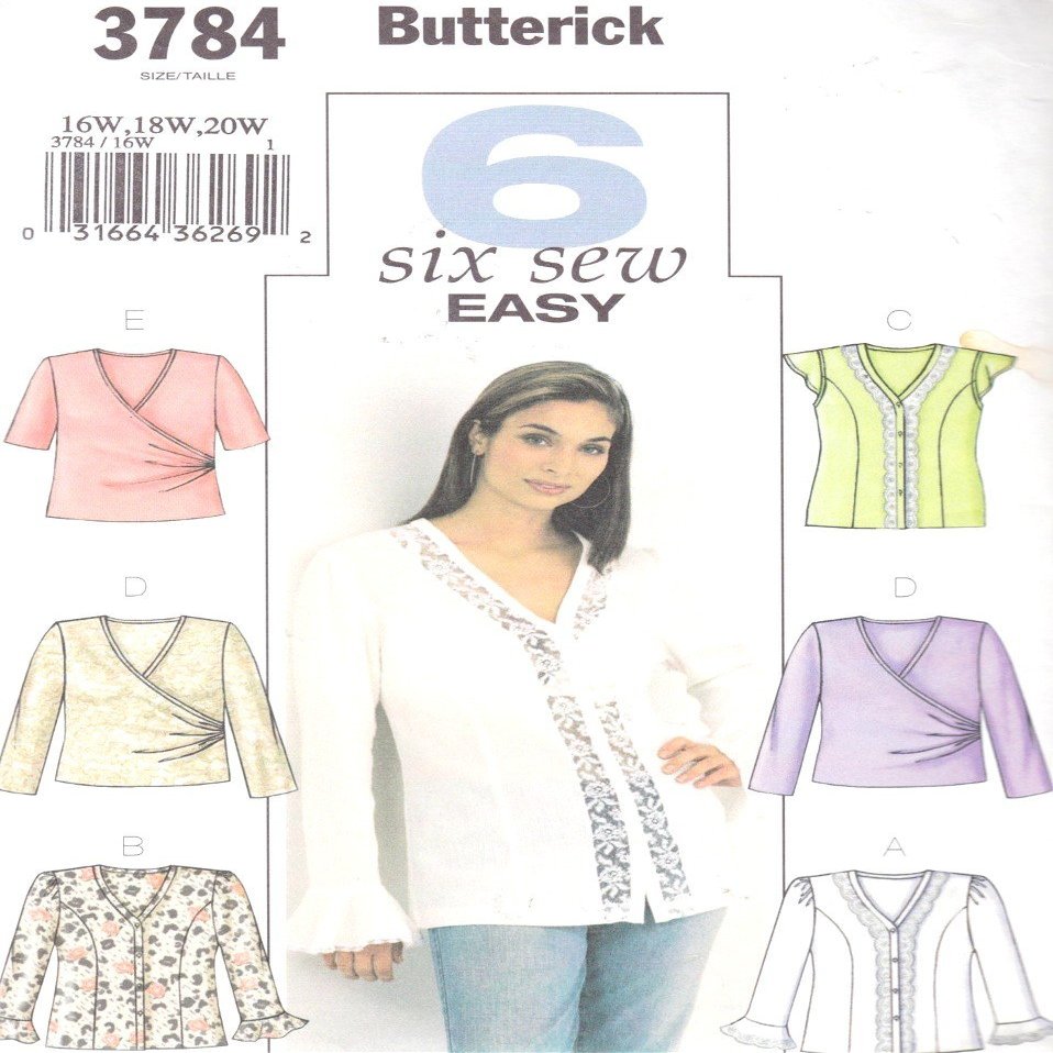BUTTERICK 3784 WOMAN'S BLOUSE (6 STYLES) SIZE 28W, 30W, 32W ~ SEWING PATTERN