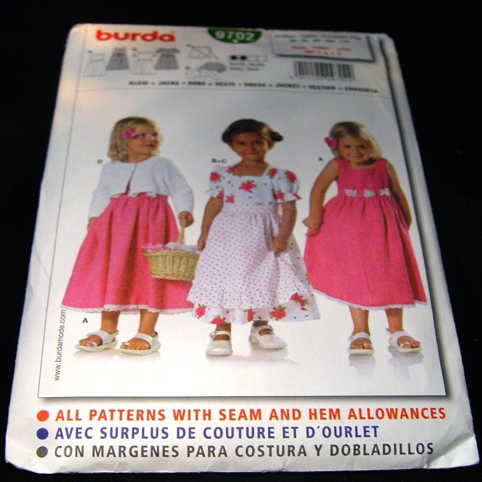 Burda 9702 Girls Dress Pattern - Includes Apron and Jacket- Sizes for 18 Months to 5 Years