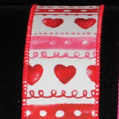 Vintage Hearts and Doodles Red and White Wired Craft Ribbon 1.5" x 40 Yards