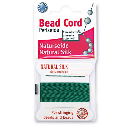 Griffin Silk Bead Cord Perlseide Green Color Size 4 (0.60mm) 2 Meters per Card Stainless Steel Needle Attached for Knotting Pearls, Gemstones, Crystals and Beads