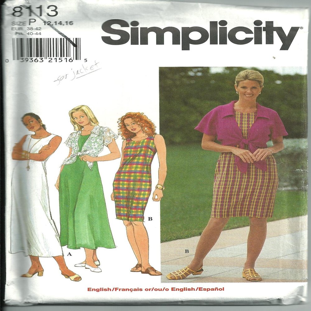 Simplicity Pattern #8113, Misses' Dress & Jacket. Size: 12-14-16