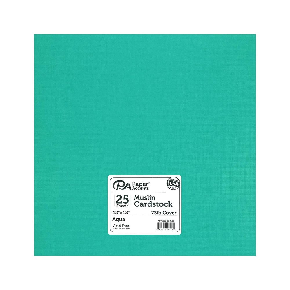 PA Paper Accents Muslin Cardstock 12" x 12" Aqua, 73lb colored cardstock paper for card making, scrapbooking, printing, quilling and crafts, 25 piece pack