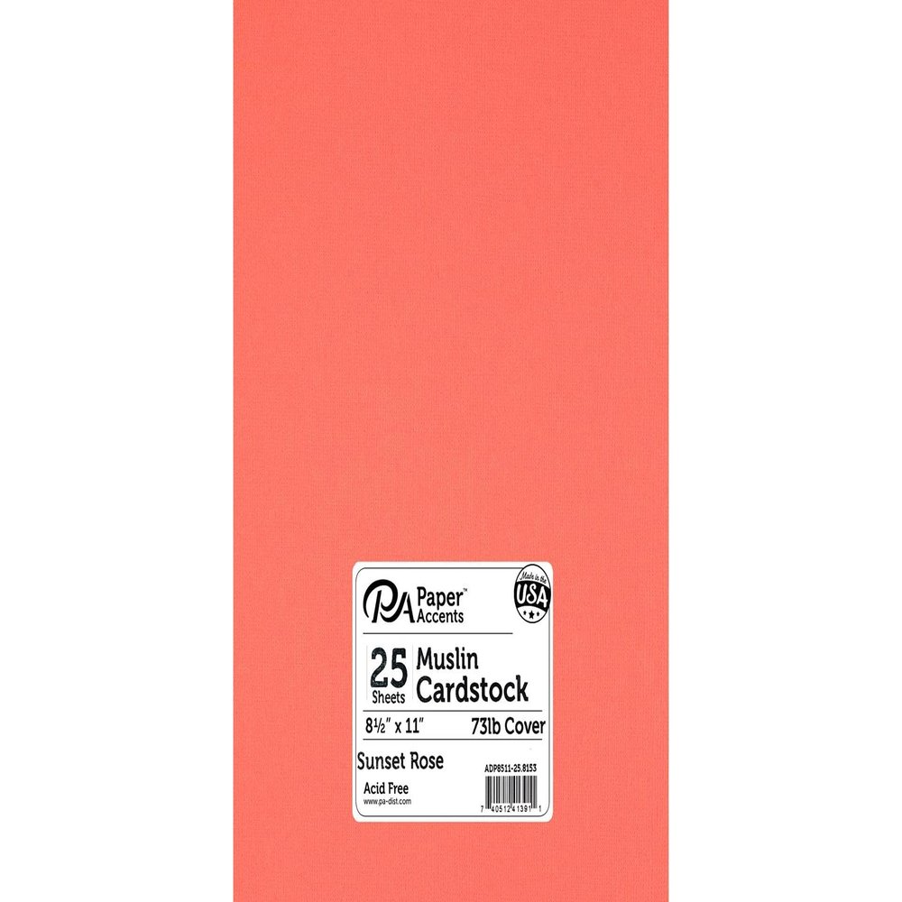 PA Paper Accents Textured Cardstock 8.5" x 11" Sunset Rose, 73lb colored cardstock paper for card making, scrapbooking, printing, quilling and crafts, 25 piece pack