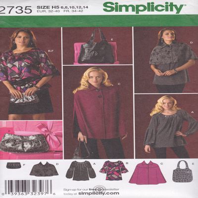 Simplicity 2735 Misses' Cape, Capelet, Tunic & Bags. Size H5 (6, 8, 10, 12, 14)