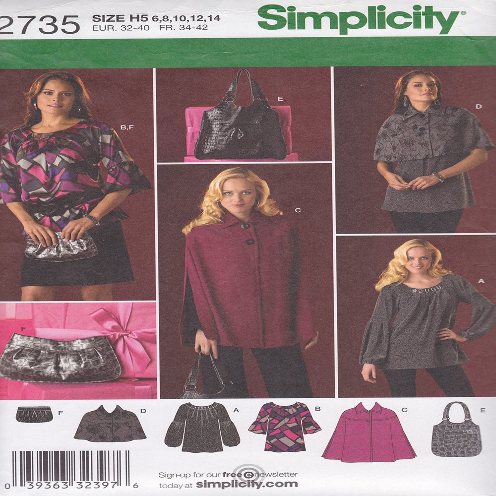 Simplicity 2735 Misses' Cape, Capelet, Tunic & Bags. Size H5 (6, 8, 10, 12, 14)