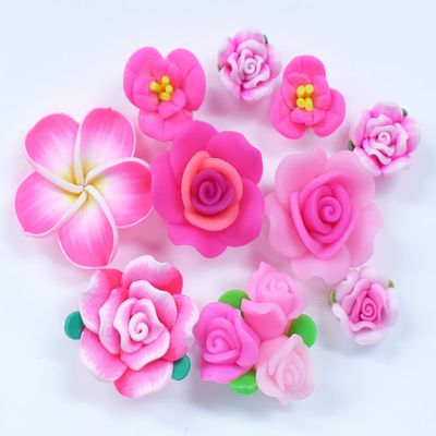 LOVEKITTY 10 pcs Mixed lot Handmade Clay Flower Cabochons -- Hot Pink