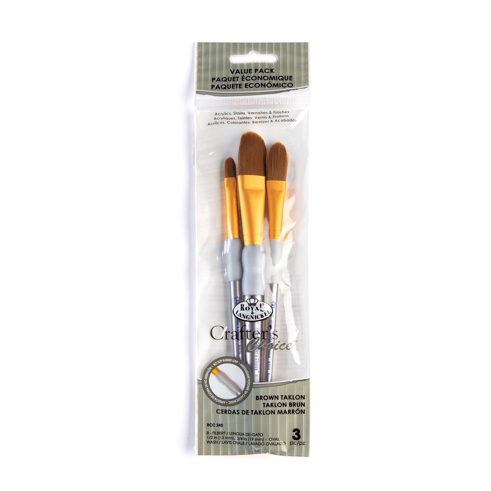 Royal and Langnickel Crafter's Choice 3 Pieces Brown Taklon Filbert and Oval Washes Set