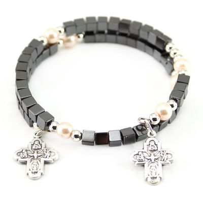 Wrap Around Rosary Bracelet Square Hematite Beads Four Way Cross