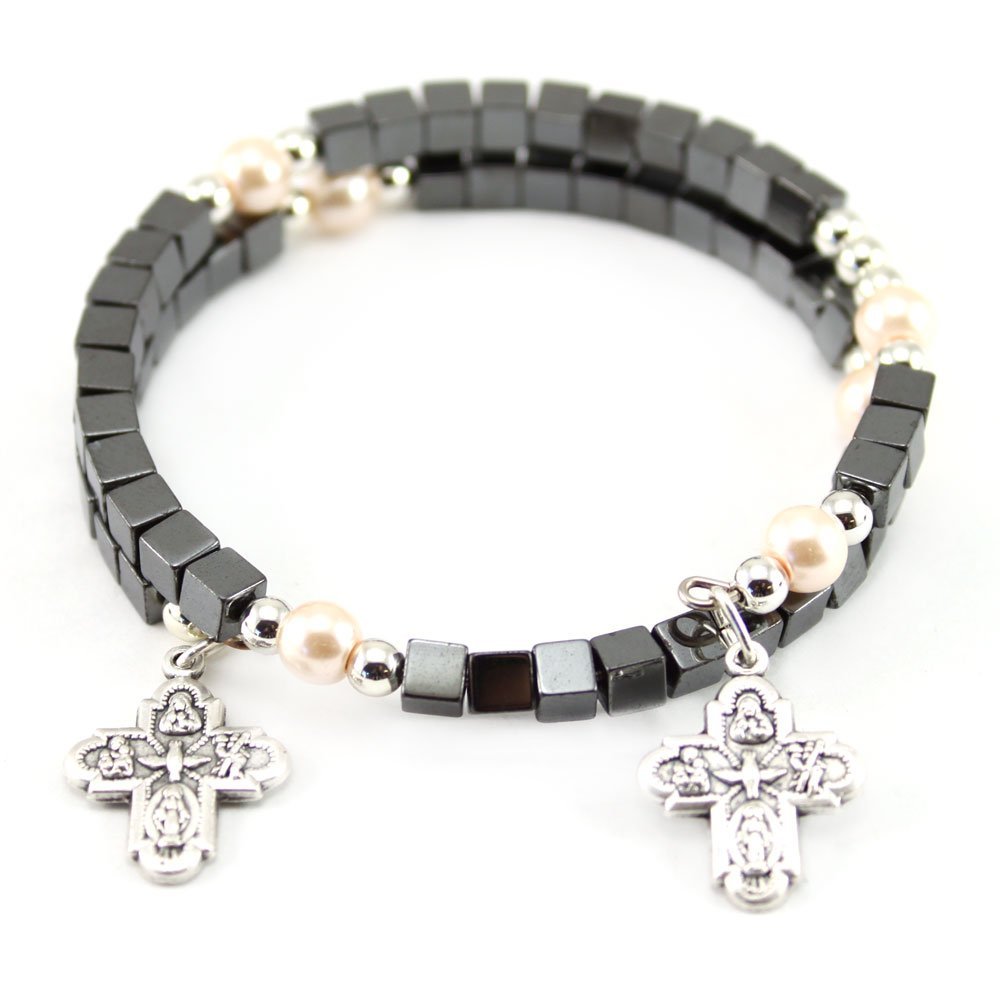 Wrap Around Rosary Bracelet Square Hematite Beads Four Way Cross