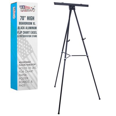 U.S. Art Supply 70" High Boardroom XL Black Aluminum Flip Chart Easel & Presentation Stand - Adjustable Floor/Tabletop, Portable Tripod, Holds 45 lbs, for Chart Paper, Poster Boards, & Pads