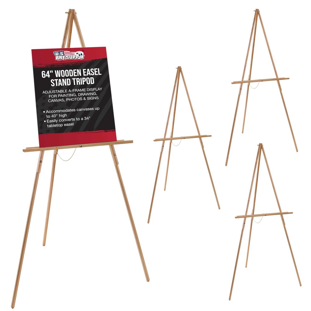 U.S. Art Supply 64" Wooden Easel Stand (4 Pack) - Adjustable A-Frame Tripod for Painting, Drawing, Photos & Signs - Lightweight Easels, Wood Easel Stand for Sign Wedding Display 40" Canvas Capacity